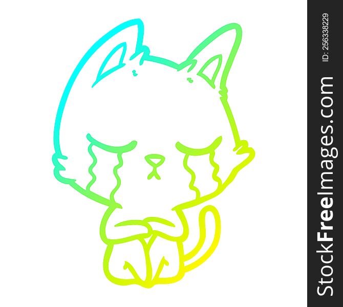 Cold Gradient Line Drawing Crying Cartoon Cat Sitting