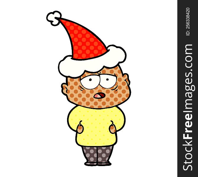 Comic Book Style Illustration Of A Tired Bald Man Wearing Santa Hat