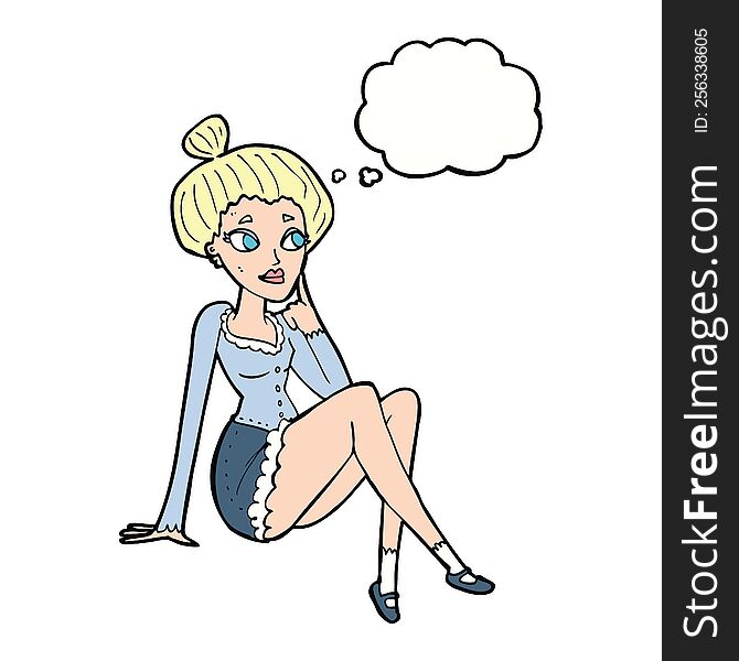cartoon attractive woman sitting thinking with thought bubble