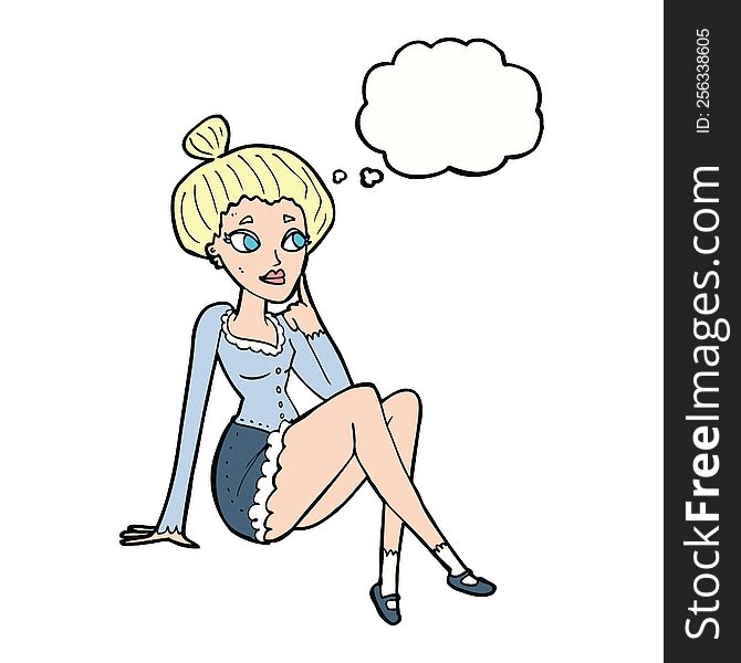 Cartoon Attractive Woman Sitting Thinking With Thought Bubble