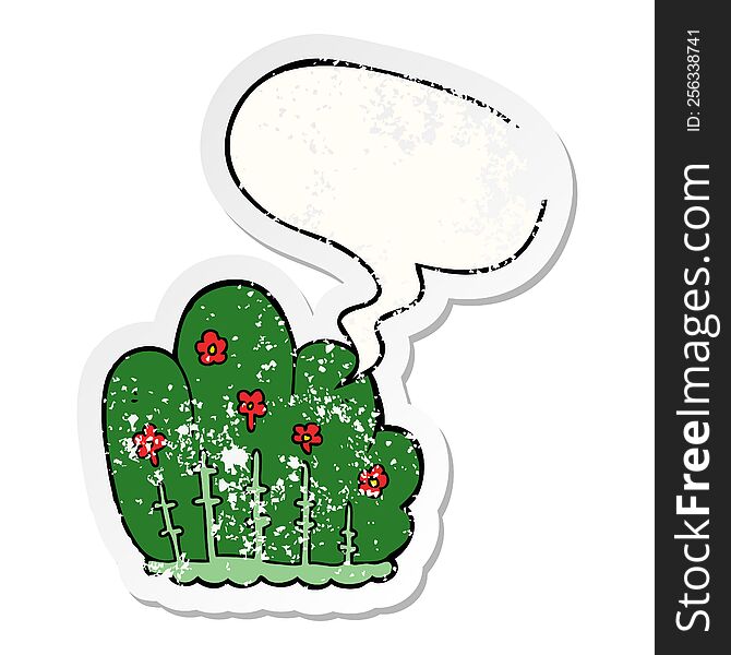 cartoon hedge with speech bubble distressed distressed old sticker. cartoon hedge with speech bubble distressed distressed old sticker