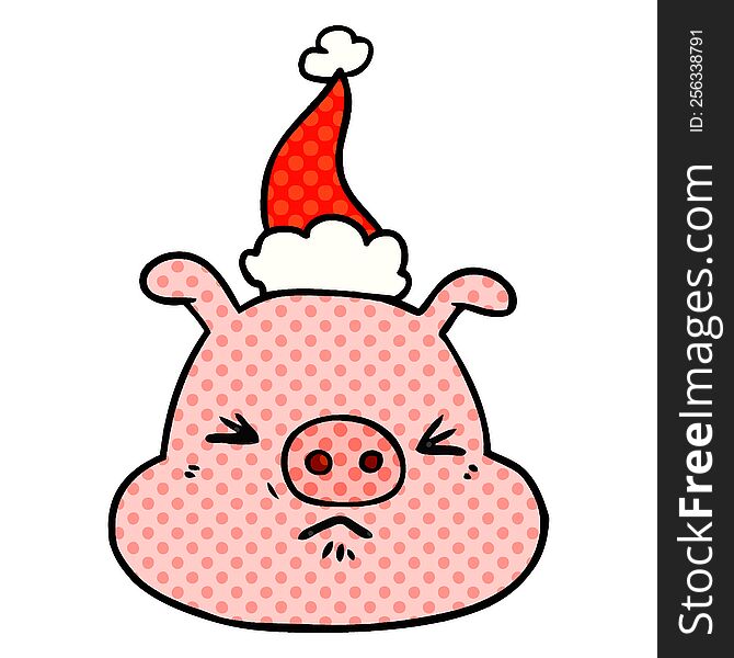 Comic Book Style Illustration Of A Angry Pig Face Wearing Santa Hat