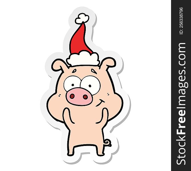 happy hand drawn sticker cartoon of a pig wearing santa hat. happy hand drawn sticker cartoon of a pig wearing santa hat