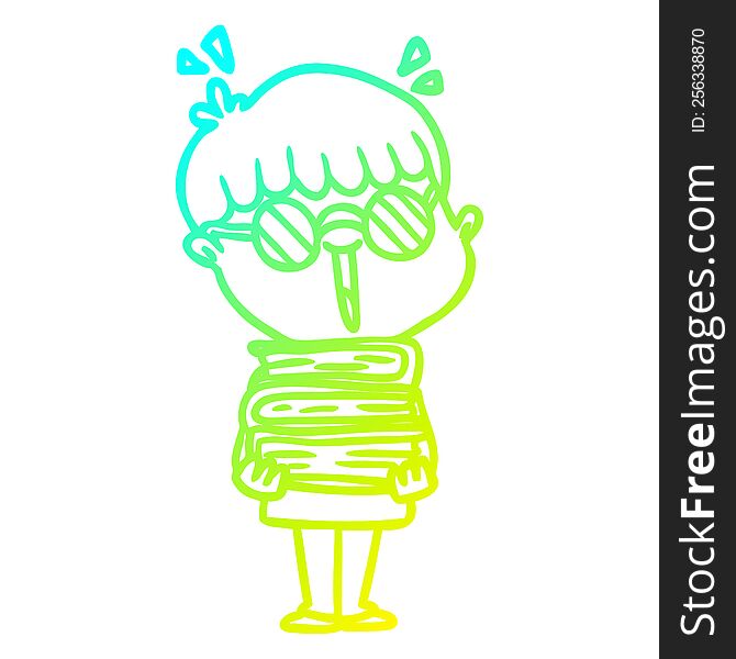 Cold Gradient Line Drawing Cartoon Boy With Amazing Books