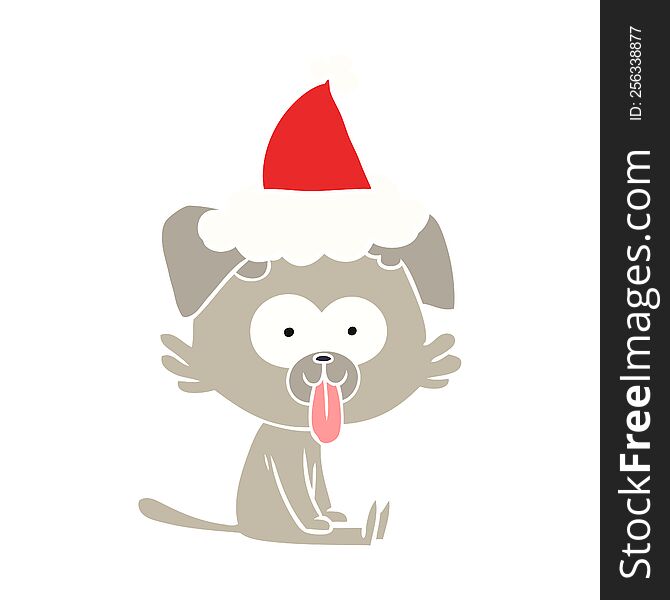 hand drawn flat color illustration of a sitting dog with tongue sticking out wearing santa hat