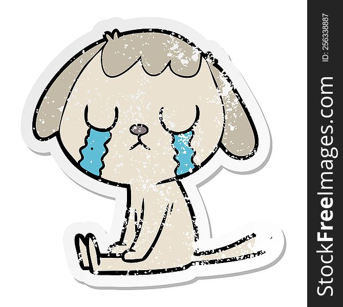 Distressed Sticker Of A Cute Cartoon Dog Crying