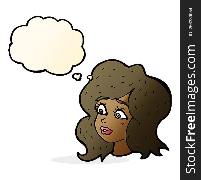 cartoon woman looking concerned with thought bubble