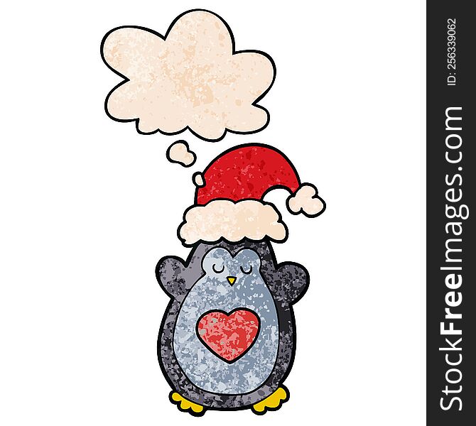 Cute Christmas Penguin And Thought Bubble In Grunge Texture Pattern Style