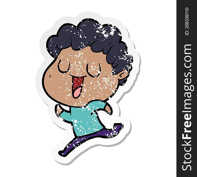 distressed sticker of a laughing cartoon man running
