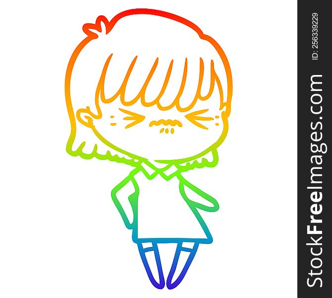 Rainbow Gradient Line Drawing Annoyed Cartoon Girl