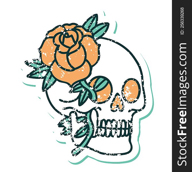 iconic distressed sticker tattoo style image of a skull and rose. iconic distressed sticker tattoo style image of a skull and rose