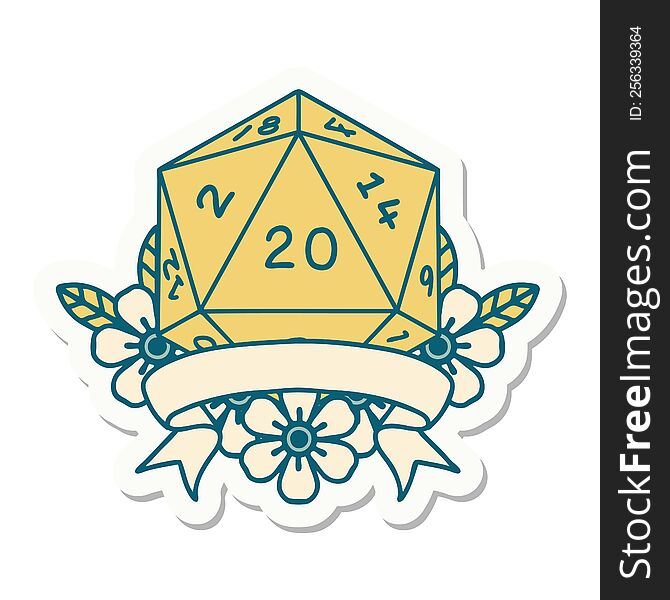 sticker of a natural 20 critical hit D20 dice roll. sticker of a natural 20 critical hit D20 dice roll