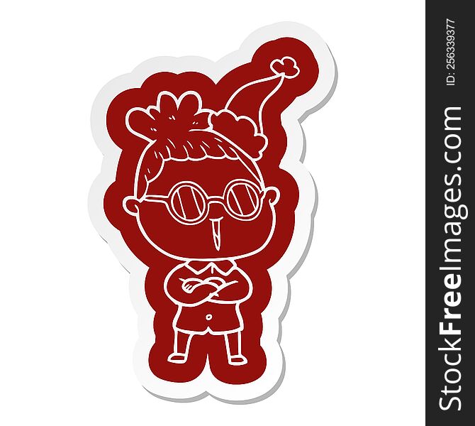 quirky cartoon icon of a woman wearing spectacles wearing santa hat
