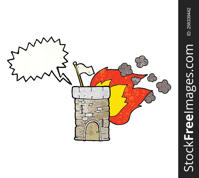 freehand speech bubble textured cartoon burning castle tower