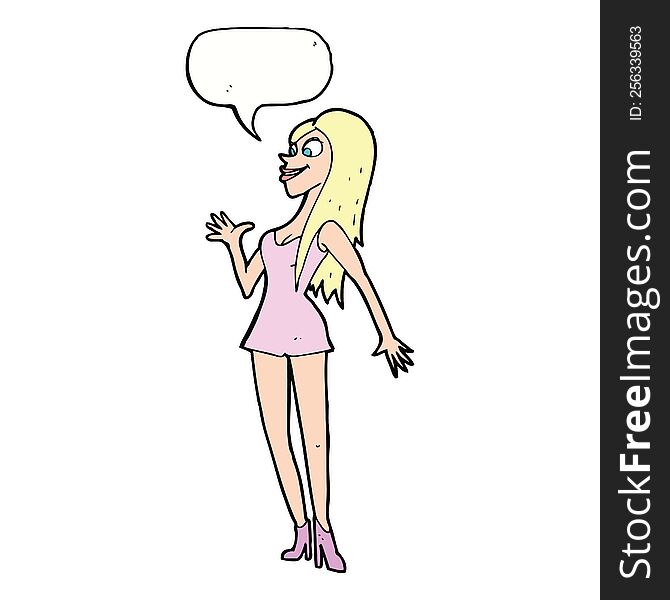 cartoon woman in pink dress with speech bubble