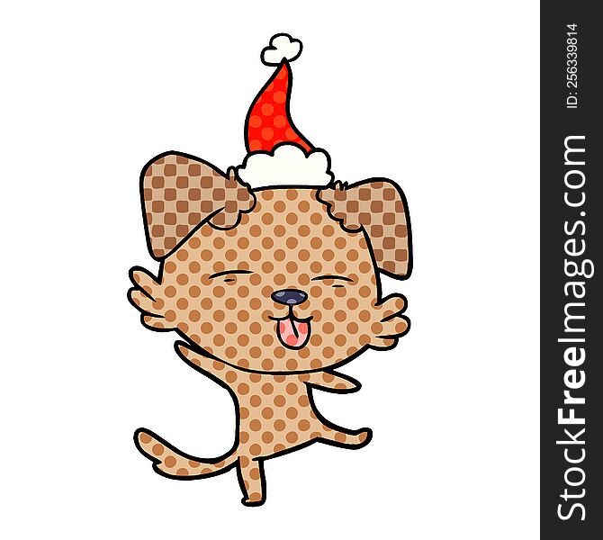 Comic Book Style Illustration Of A Dancing Dog Wearing Santa Hat