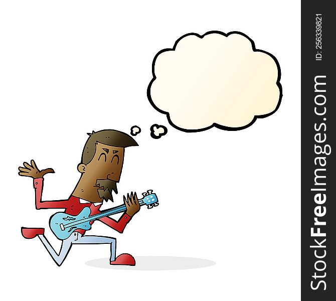 cartoon man playing electric guitar with thought bubble