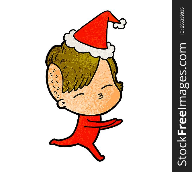 Textured Cartoon Of A Girl In Onesie Wearing Santa Hat