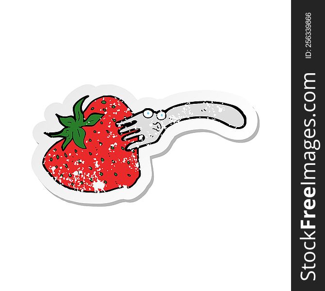 retro distressed sticker of a cartoon fork in giant strawberry