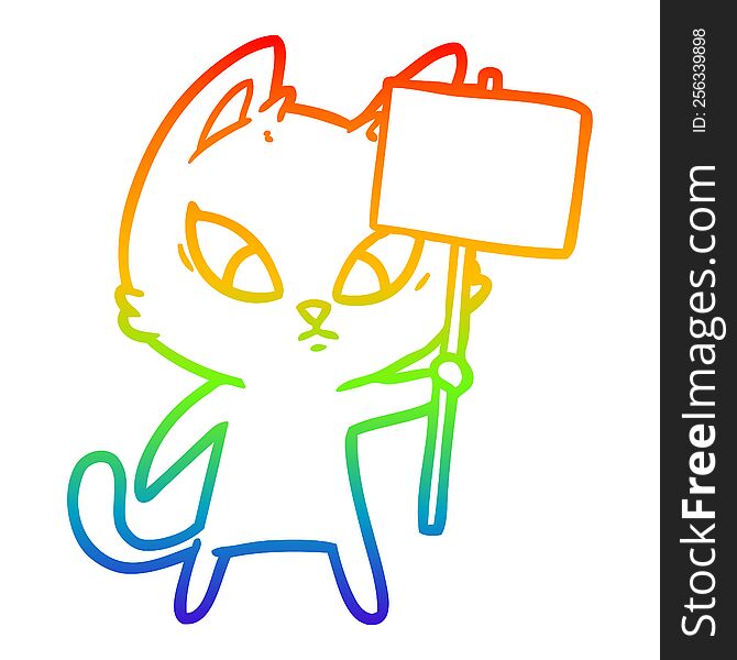 Rainbow Gradient Line Drawing Confused Cartoon Cat With Protest Sign