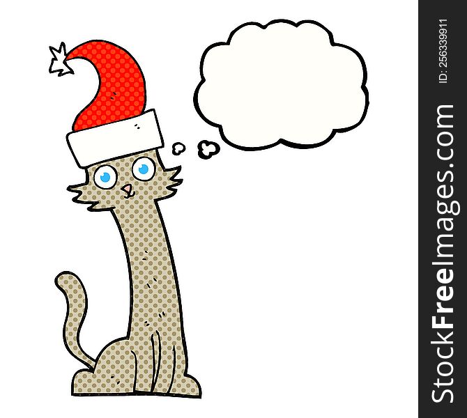 freehand drawn thought bubble cartoon cat in christmas hat