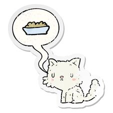 Cute Cartoon Cat And Food And Speech Bubble Distressed Sticker Stock Photo