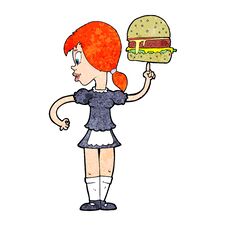 Cartoon Waitress Serving A Burger Royalty Free Stock Photos