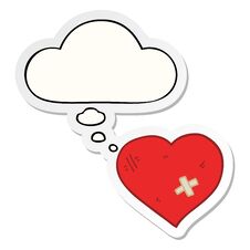 Cartoon Love Heart With Sticking Plaster And Thought Bubble As A Printed Sticker Stock Photo