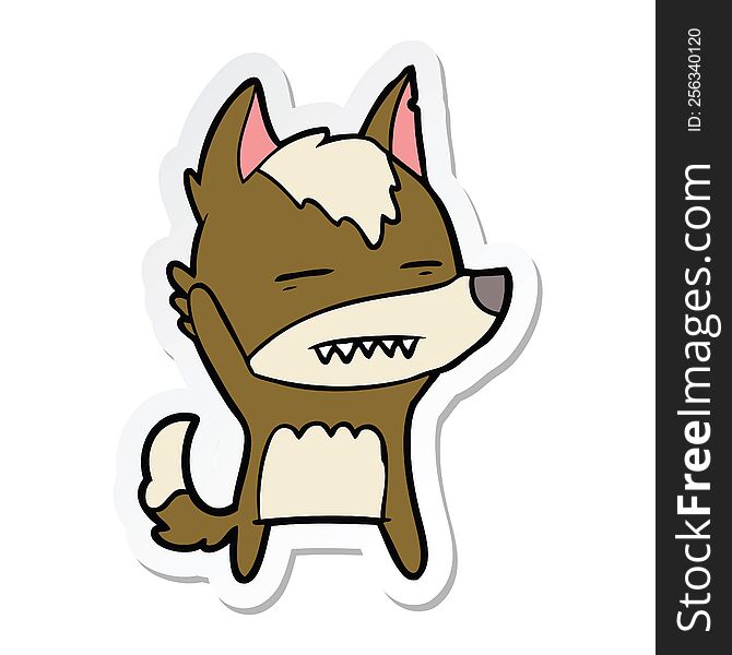Sticker Of A Cartoon Wolf Waving Showing Teeth