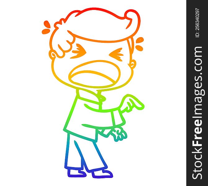 rainbow gradient line drawing of a cartoon shouting man pointing finger