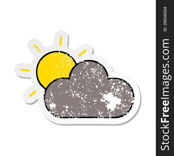 Distressed Sticker Of A Cute Cartoon Sun And Storm Cloud