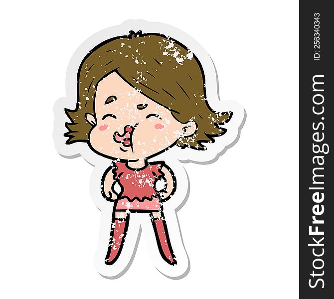 distressed sticker of a cartoon girl pulling face