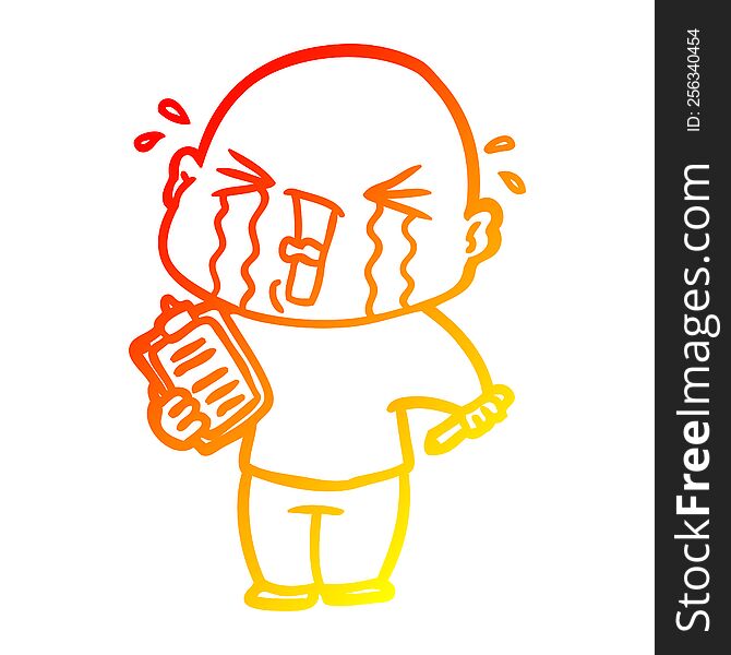 warm gradient line drawing of a cartoon crying man with clipboard