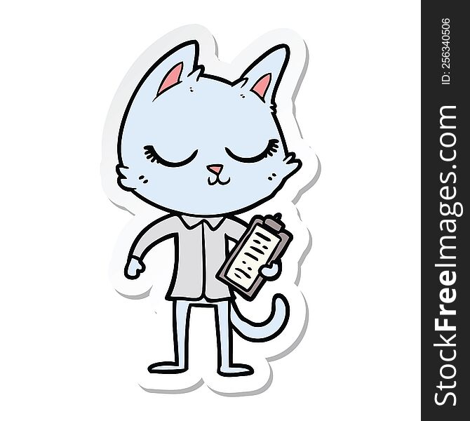 sticker of a calm cartoon cat with clipboard