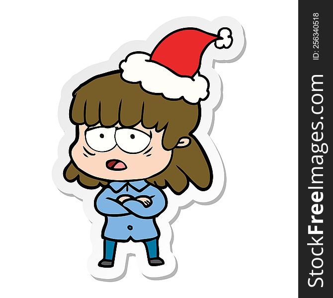 hand drawn sticker cartoon of a tired woman wearing santa hat