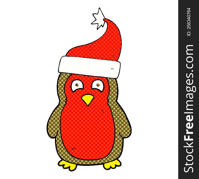 freehand drawn cartoon christmas robin wearing christmas hat. freehand drawn cartoon christmas robin wearing christmas hat