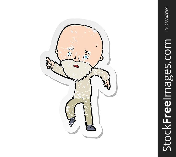 Retro Distressed Sticker Of A Cartoon Worried Old Man Pointing