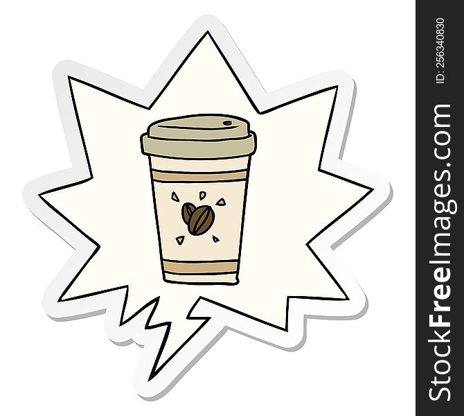 cartoon cup of takeout coffee with speech bubble sticker