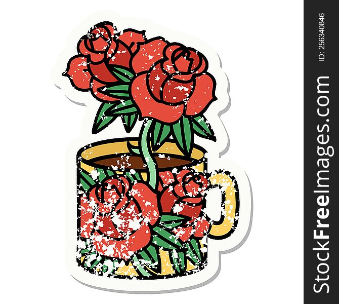 Traditional Distressed Sticker Tattoo Of A Cup And Flowers