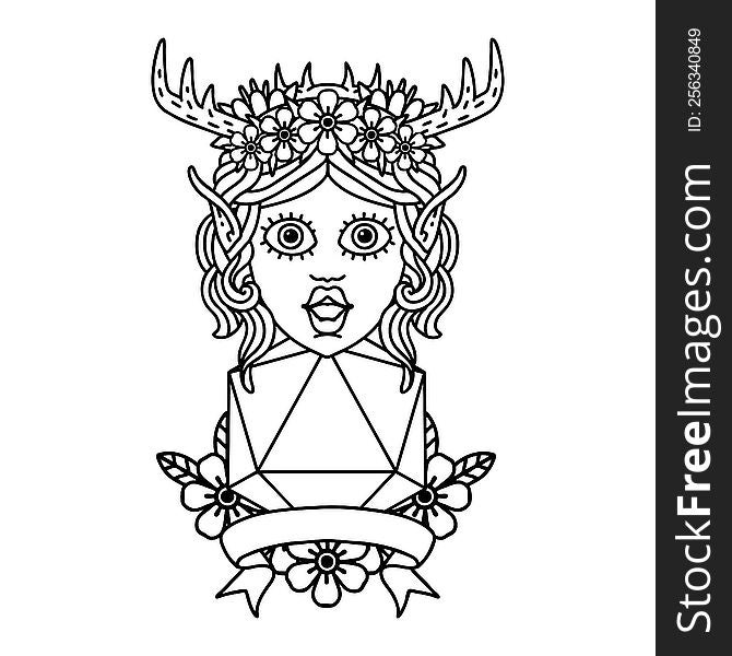Black and White Tattoo linework Style elf druid character with natural 20 dice roll. Black and White Tattoo linework Style elf druid character with natural 20 dice roll