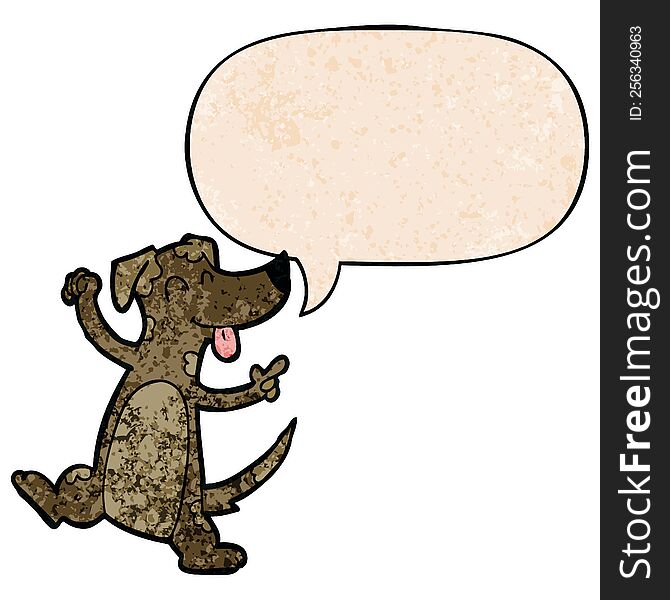 Cartoon Dancing Dog And Speech Bubble In Retro Texture Style