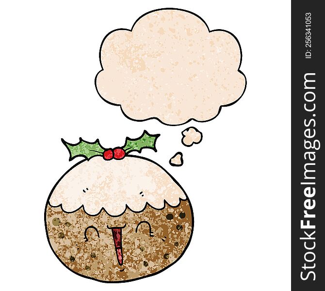Cute Cartoon Christmas Pudding And Thought Bubble In Grunge Texture Pattern Style
