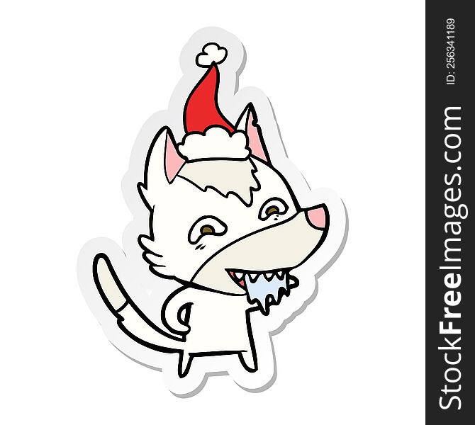 hand drawn sticker cartoon of a hungry wolf wearing santa hat