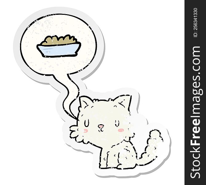 cute cartoon cat and food with speech bubble distressed distressed old sticker. cute cartoon cat and food with speech bubble distressed distressed old sticker