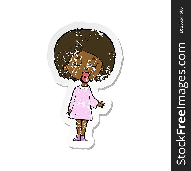 Retro Distressed Sticker Of A Cartoon Woman Explaining Her Point