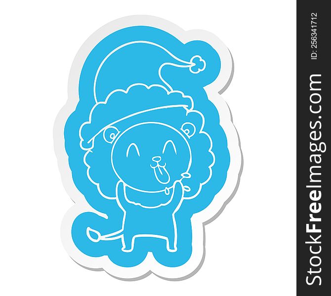 Happy Cartoon  Sticker Of A Lion Wearing Santa Hat