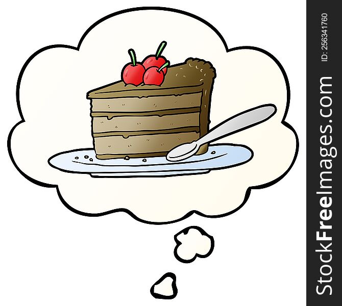 cartoon chocolate cake with thought bubble in smooth gradient style