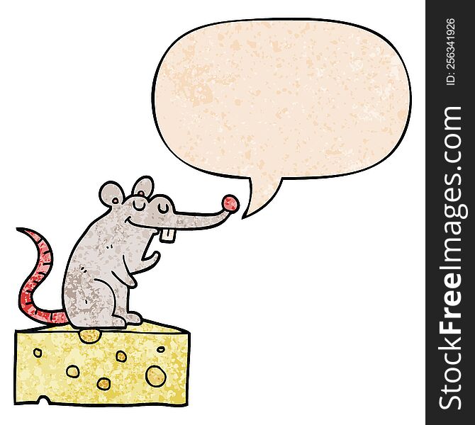 cartoon mouse sitting on cheese and speech bubble in retro texture style