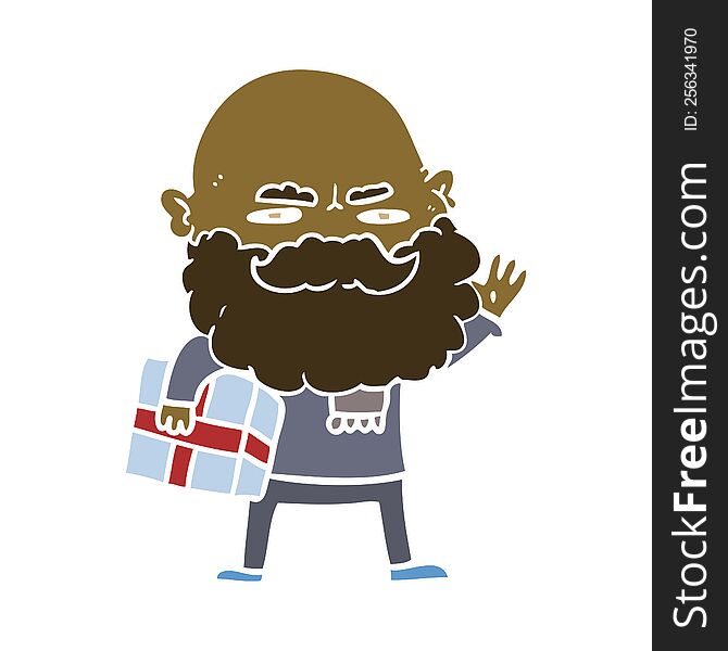 flat color style cartoon man with beard frowning with xmas gift