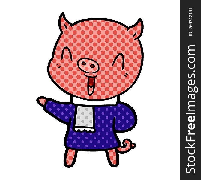 happy cartoon pig in winter clothes. happy cartoon pig in winter clothes